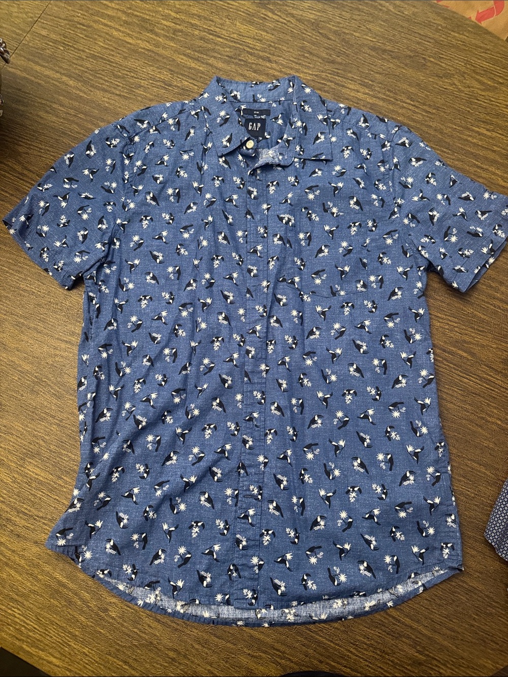 GAP Blue Short-Sleeve Button-Down with Print